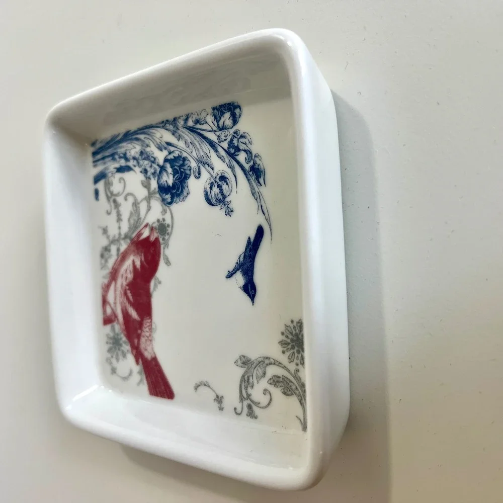Charming Bird Floral Square Trinket Dish‎ Decor Ceramic Red Blue Gray White